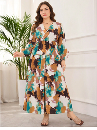 Plus Size Women V-Neck Digital Print Elegant Dress Carousel 4