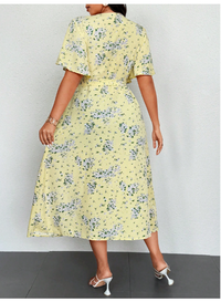 Plus Size Women Vacation Ditsy Floral Asymmetric Neckline Lantern Sleeve Dress Carousel 6