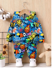 Baby Boy Casual Loose Cartoon Abstract Pattern Soft Knit Hoodie Sweatshirt & Pants Set