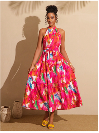 Women's Tie-Dye Floral Print Ruffle Hem Halter Neck Vacation Dress Carousel 4