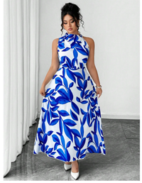 Plus Size Women's Sleeveless V-Neck Solid Leaf Print Ruffle Hem Waist Cinched Maxi Dress Carousel 2