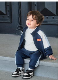 2pcs/Set Baby Boy/Girl Casual Sports Style Drop Shoulder Loose Fleece Patchwork Jacket Top And Ribbed Cuff Pants Outfit