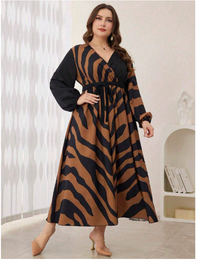  Crossed Collar Zebra Print Splice Waisted Midi Dress