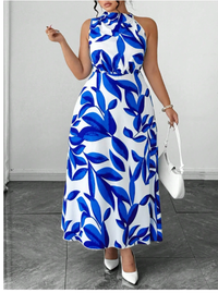 Plus Size Women's Sleeveless V-Neck Solid Leaf Print Ruffle Hem Waist Cinched Maxi Dress Carousel 4