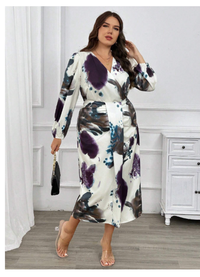 High Slit Pleated Print Dye Unique Wrap V-Neck Long Sleeve Split Hem Midi Dress Set
