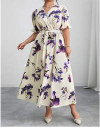 Plus Size V-Neck Puff Sleeve Waist Tie Romantic Floral Print A-Line Dress Carousel 1