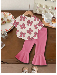 Baby Girl Summer Casual Bow & Print Short Sleeve Top And Flared Pants Set Carousel 5