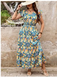 Plus Size Maxi Dress Floral Print Dress Ruffle Sleeves V-Neck Waist Dress Long Dress  Carousel 3