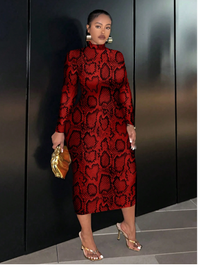 Animal Print Pattern Casual Simple Long Sleeve Bodycon Midi Dress For Plus Size Carousel 5