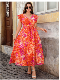 Plus Size Women Floral All-Over Print V-Neck Casual Holiday Ruffle Hem Midi Dress Carousel 4