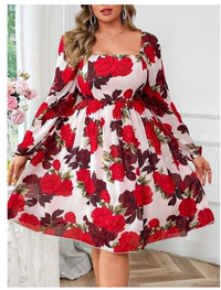 Plus Size V-Neck Red Rose Floral Print Elegant A-Line Midi Dress Carousel 2