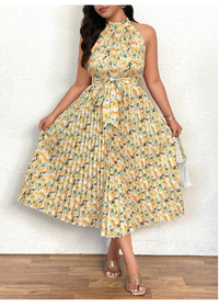 Plus Size Women Floral Print Halter Neck A-Line Pleated Hem Dress Carousel 2