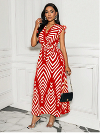  Women's V-Neck Waist Gathered Swing Dress Carousel 3