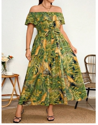 Plus Size Women's Woven Tropical Floral Print Off Shoulder Tie Bow Dress Carousel 3