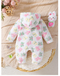 1pc Baby Girls' Cute Fleece Hooded Long Sleeve Romper