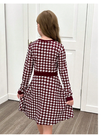 Tween Girl Houndstooth Patchwork Button Decor Round Neck Fitted Elegant Long Sleeve Knit Dress Carousel 5