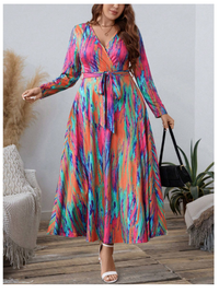 Plus Size Women's Tie-Dye Long Sleeve Elegant Wrap Around Dress