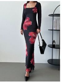  Floral Net Mesh Print Long Sleeve Square Neck  Carousel 2