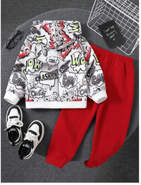 2pcs/Set Young Boys Young Girls Red White Fashionable Casual Casual Graffiti Letter Print Hooded Knit Sweatshirt