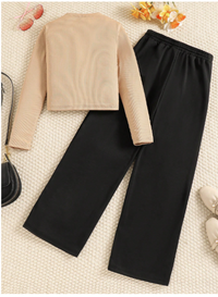 Young 2pcs Girls Teen Knitted Casual Basic Crop Top & Wide Leg Pants Set