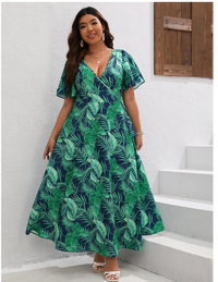 Plus Tropical Print Butterfly Sleeve Knot Side Dress Carousel 4