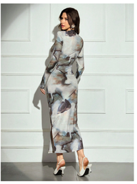 Women's Tie-Dye Print Stand Collar Long Sleeve Pleated Fitted Long Dress  Carousel 4
