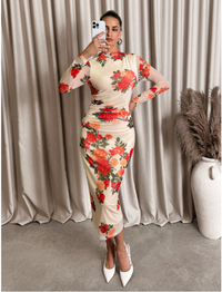  Floral Print Ruched Fitted Dress Carousel 3