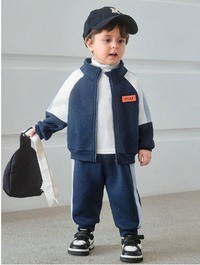 2pcs/Set Baby Boy/Girl Casual Sports Style Drop Shoulder Loose Fleece Patchwork Jacket Top And Ribbed Cuff Pants Outfit