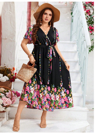 Plus Size Women Boho Floral Print Ruffle Butterfly Sleeve Self-Tie Woven  Carousel 2
