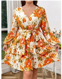 Plus Size Women Floral Print Lantern Sleeve Elegant Dress  Carousel 3