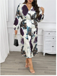 High Slit Pleated Print Dye Unique Wrap V-Neck Long Sleeve Split Hem Midi Dress Set