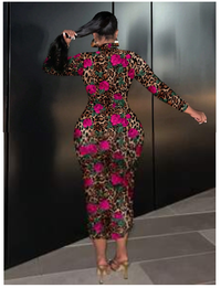 Plus Size Long Sleeve Round Neck Fitted Long Floral Leopard Print Dress Carousel 2
