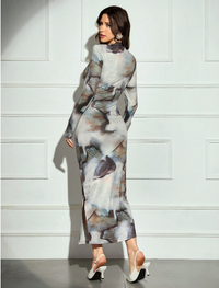 Women's Tie-Dye Print Stand Collar Long Sleeve Pleated Fitted Long Dress  Carousel 1
