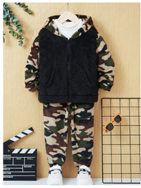 Young Boy Camo Print Hooded Fluffy Jacket & Pants Without Tee Carousel 2