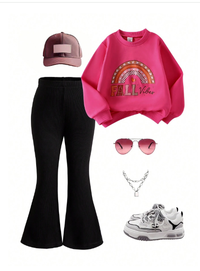 2pcs/Set Girls Rainbow Letter Print Crew Neck Long Sleeve Sweatshirt And Flare Black Pants Set