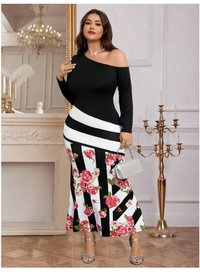 Women's Sexy Form-Fitting Rose Flower Striped Color Block Off Shoulder Long Sleeve Dress Carousel 6