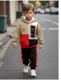 2pcs Vintage Prints, Little King, Young Boys Loose Fit Casual Hooded Sweatshirt Set