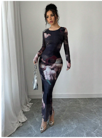  Round Neck Fitted Angel Doll Print Women Dress Carousel 6