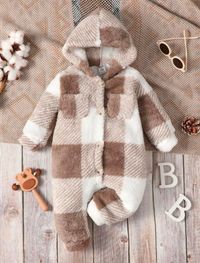 Baby Boy Buffalo Plaid Dual Pocket Hooded Flannel Jumpsuit