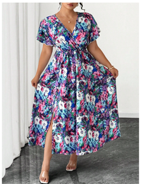  Plus Tropical Print Butterfly Sleeve Dress Maxi Women Outfit Carousel 6