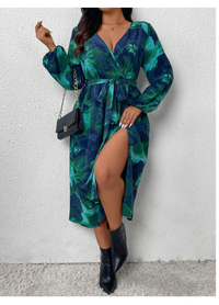 Plus Size Autumn Long Sleeve Dress With High Slit & Floral Print Carousel 4