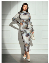 Women's Tie-Dye Print Stand Collar Long Sleeve Pleated Fitted Long Dress  Carousel 5