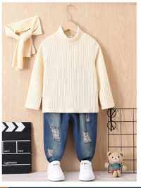 Young Boy Solid Mock Neck Tee & Ripped Jeans & Scarf