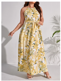 Plus Floral Print Belted Halter Dress Carousel 4