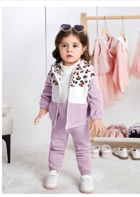  Baby Girl Color Block Leopard Print Fleece Hooded Jacket