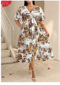 Clasi Plus Floral Print Butterfly Sleeve Belted Dress Maxi Women Outfit
