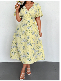 Plus Size Women Vacation Ditsy Floral Asymmetric Neckline Lantern Sleeve Dress Carousel 9