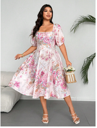 Plus Size Elegant Floral Print Lantern Sleeve Dress Carousel 4