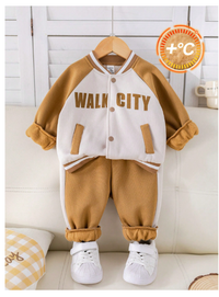 Baby Boys 2pcs Set Contrast Letter Print Soft Knit Round Neck Raglan Sleeve Jacket Baseball Coat And Elastic Cuff Pants
