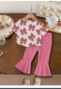  Baby Girl Summer Casual Bow & Print Short Sleeve Top And Flared Pants Set Carousel 1